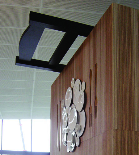 Plexwood® Måltidets Hus cnc processed entrance elevator wall in high-end turned meranti plywood veneer