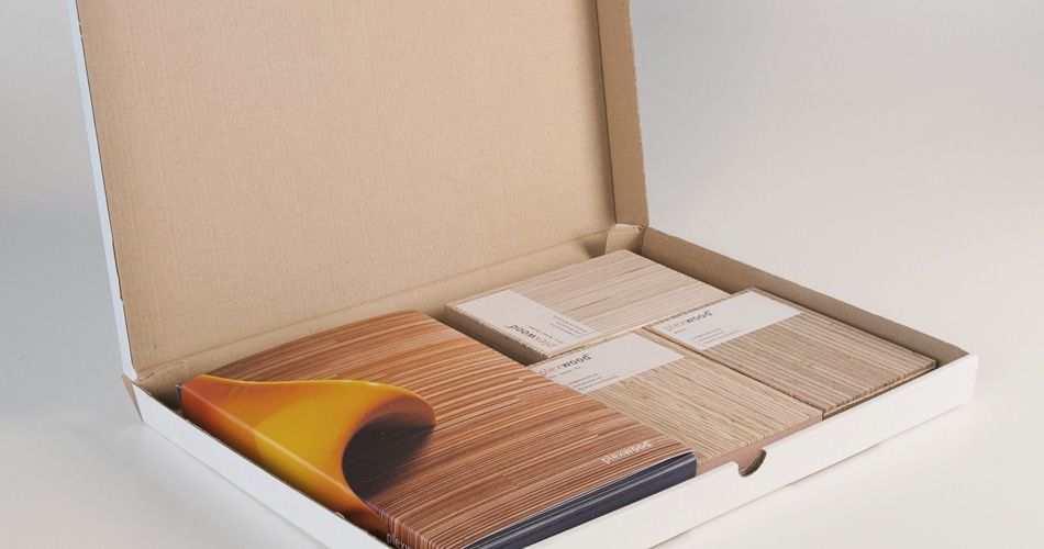 Plexwood® A blue sample box with brochures plus 3 untreated wood samples