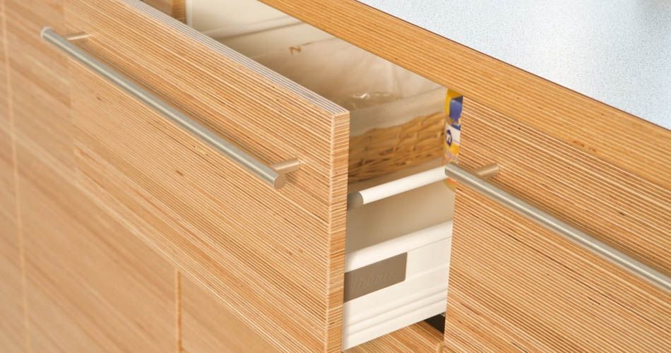 Plexwood® Dining area and kitchen reface project drawer detail with sustainable birch plywood veneer panels