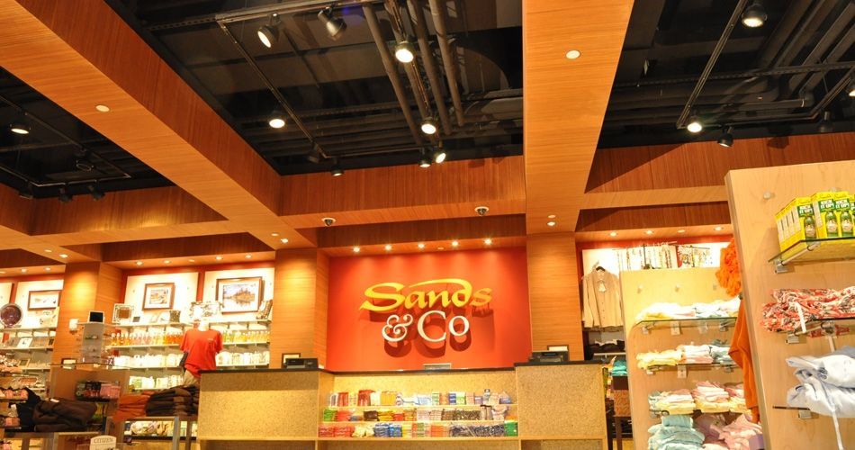 Plexwood® Sands Casino gift shop dropped ceiling detail with integrated light in ocoumé reface plywood sheets