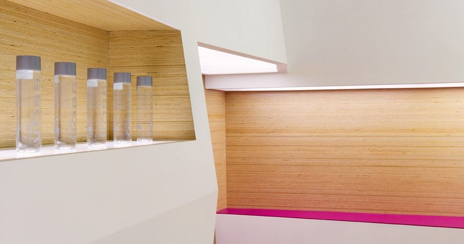 Plexwood® SoSushi detail of wall coverings with industrial panels with birch veneer of plywood edges