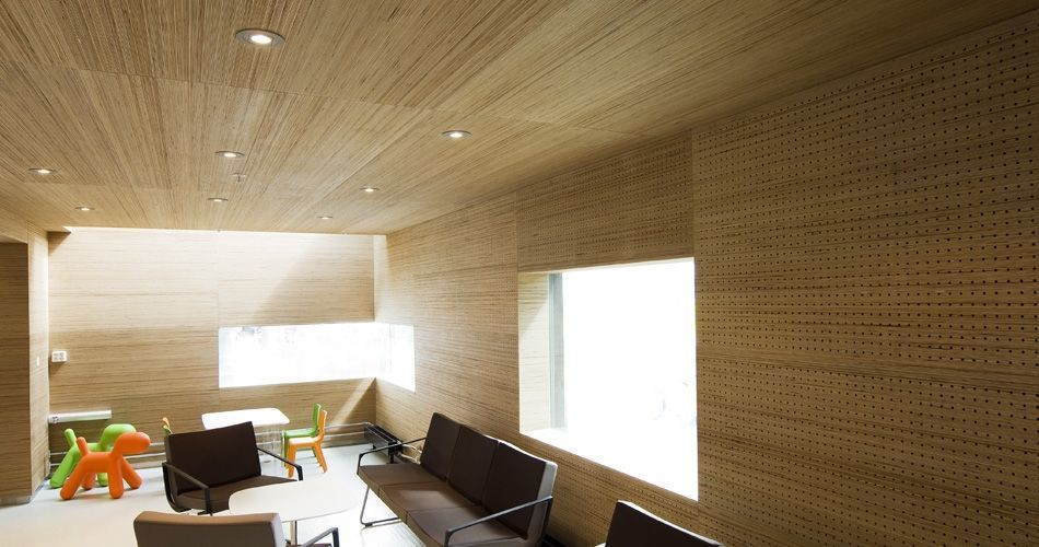 Plexwood® St. Olav’s Academic Hospital visitors lounge with acoustic wall paneling and ceiling in birch end-grain ply